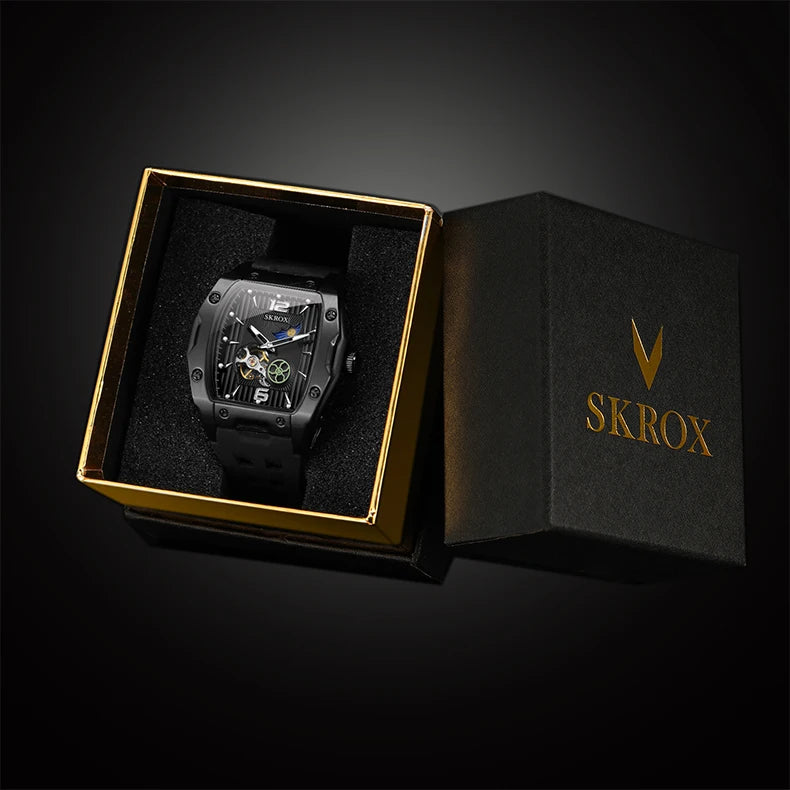 SKROX Designer Luxury Moon Phase Toubillon Automatic Movement Mechanical Clock High Quality Waterproof Silicone Men's Watches