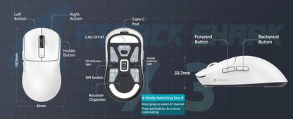 ATTACK SHARK X3 Wireless Gaming Mouse, 49g Ergonomic PC Mouse, Triple Modes PAW3395 26K DPI Optical Sensor, Programmable Buttons