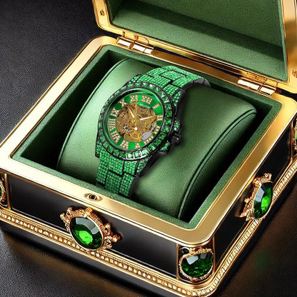 A men's green steel strap luxury trendy analog delicate pinion automatic mechanical watch
