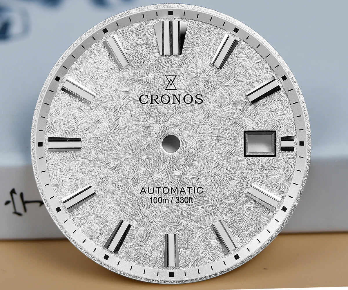 Cronos Men Watch 39mm Automatic Miyota 9015 Movement Wristwatches White Dial Birch Pattern Solid Links Sapphire 10 ATM L6040M