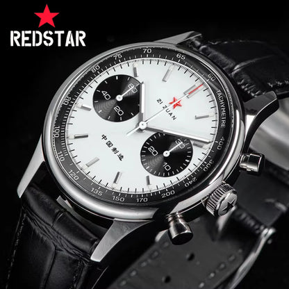 Red Star Panda Mens 1963 Chronograph Mechanical Wristwatch Seagull st1901 Movement Gooseneck 40mm Luminous Sapphire Pilot Watch