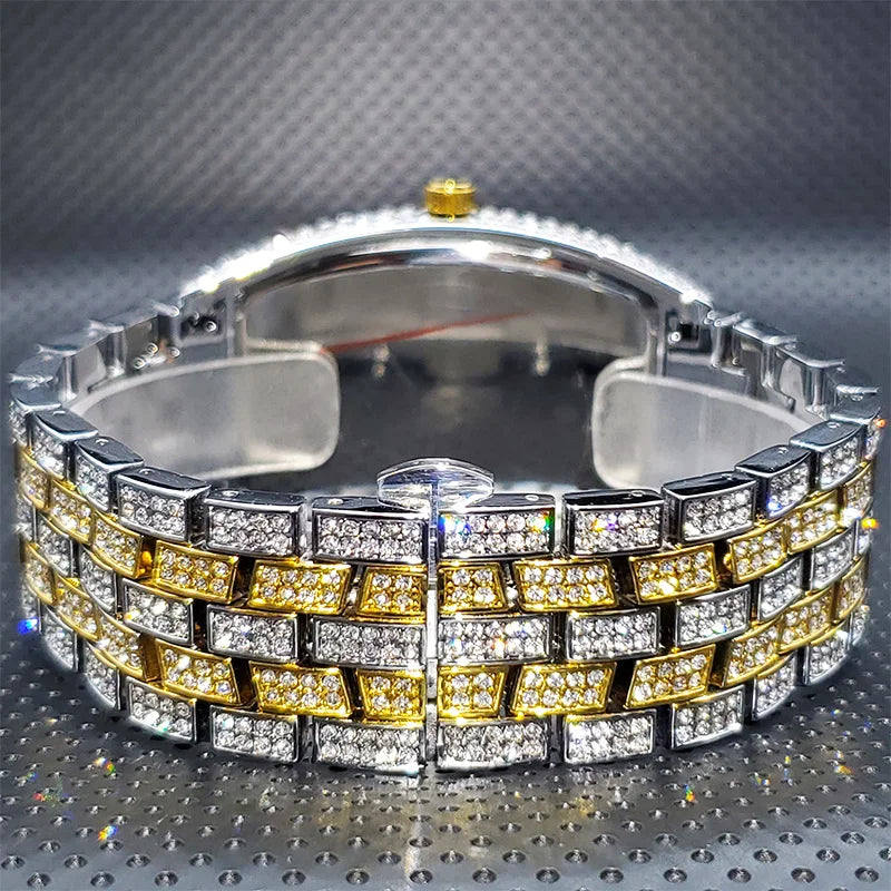 Stainless Steel Men's Watches Luxury Diamond Silver Iced Out Quartz Watch Top Brand 30M Waterproof Big Dial Tonneau Reloj Hombre
