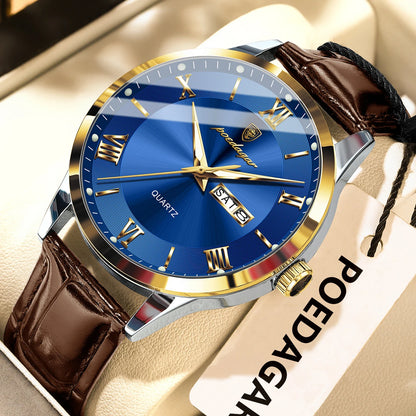 Trendige Herrenuhr von POEDAGAR, Lederarmband, Datums- und Wochentagsanzeige, luxuriöse Quarzuhr, wasserdicht, leuchtend, lässiger Business-Stil.