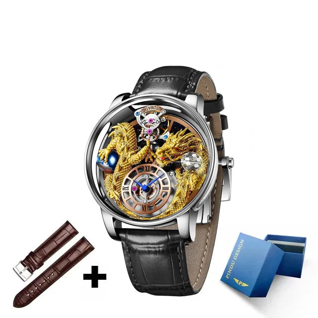PINDU Fashion Roman Numeral Display Mineral Tempered Glass Material Quartz Movement 3ATM Waterproof Celestial Dragon Men's Watch