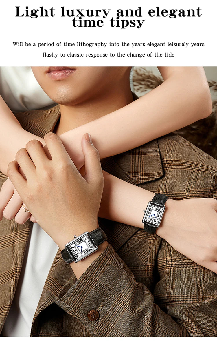 SANDA New Couple Tank Watches Wear Resistant Leather Strap Luxury Square Dial Waterproof Sports Casual Men Women Quartz Watches