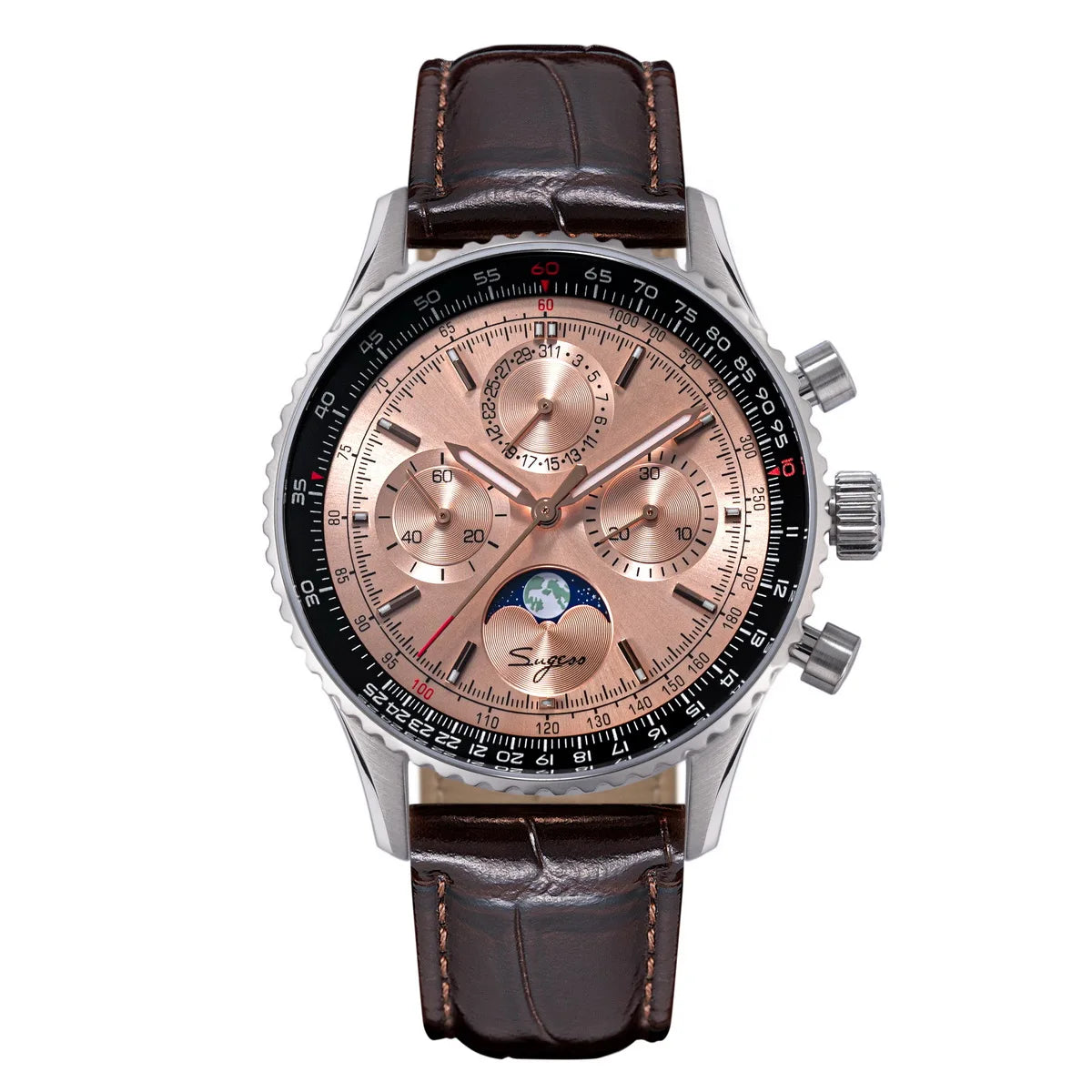 Sugess Chronograph Watch of Man ST1908 Swanneck Movement Mechanical Moonphase Wristwatches Waterproof Calendar Vintage New S468