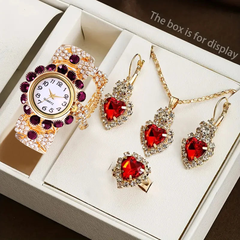 5PCS Luxury Rhinestone Women Watches Jewelry Set Fashion Adjustable Bangle Ladies Quartz Wristwatch Reloj Mujer（Without Box）