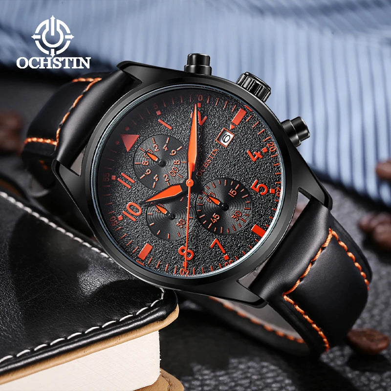 OCHSTIN Mens Watches Quartz Chronograph Men Watch Pilot Sport Male Fashion Wristwatch Top Brand Luxury Leather Waterproof Clock