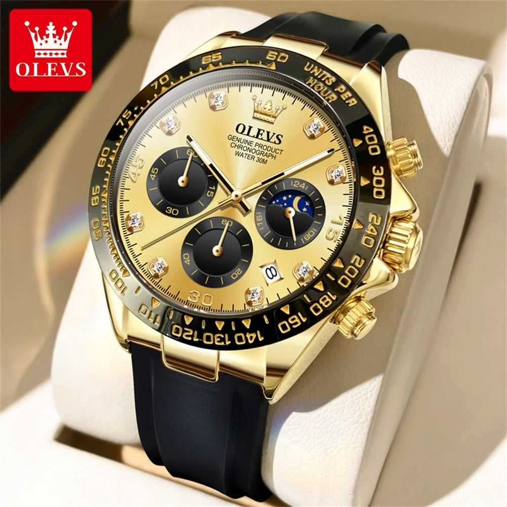 OLEVS 2875 Quartz Watch for Men Original Luxury Brand Silicone Strap Chronograph Auto Date Waterproof Moon Phase Sport Man Watch