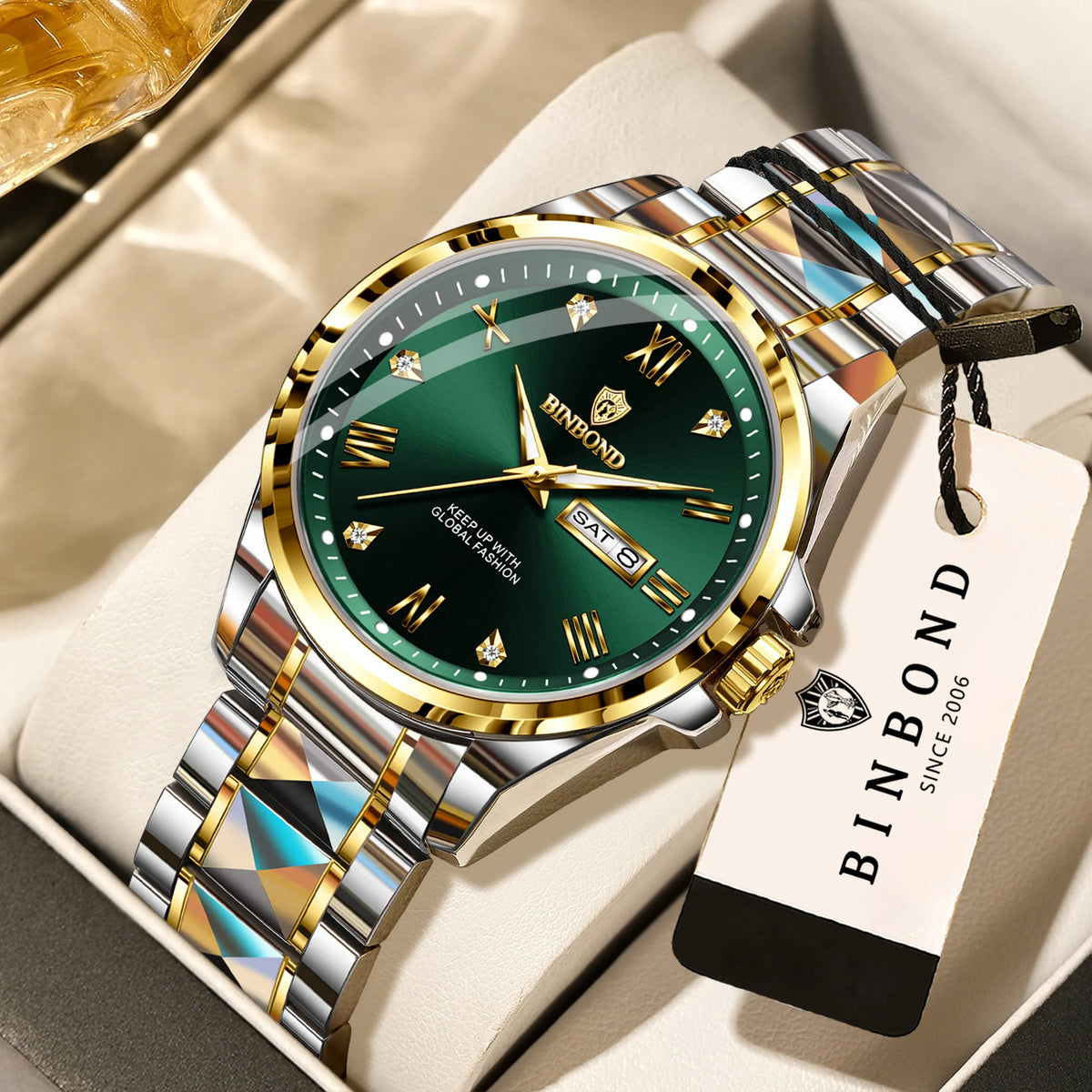 Relógio de pulso de quartzo para homem BINBOND – Estilo profissional, luxuoso, luminoso, robusto e duradouro, estanque, com indicação automática da data e do dia da semana.