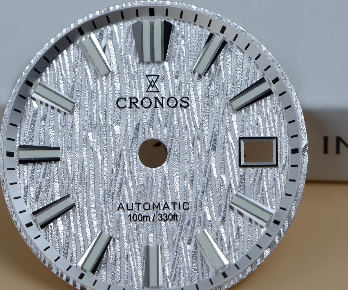 Cronos Men Watch 39mm Automatic Miyota 9015 Movement Wristwatches White Dial Birch Pattern Solid Links Sapphire 10 ATM L6040M