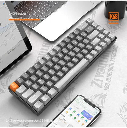 Bezdrôtová herná mechanická klávesnica K68 2,4 G/BT 5.0, 68 klávesov, Hotswap, mini herná mechanická klávesnica, klávesy z PBT, klávesnice s rozložením 65 %