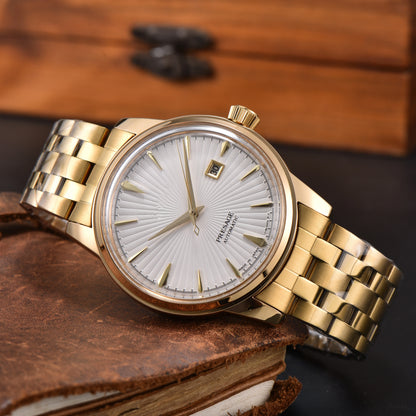 Luxury Retro Men's Self-Winding Automatic Mechanical Watch Radial Sunburst Textured Dial Single Calendar Date Window Polished Stainless Steel Link Bracelet Waterproof Business Dress Male Watch Silver Gold Two Tone Options