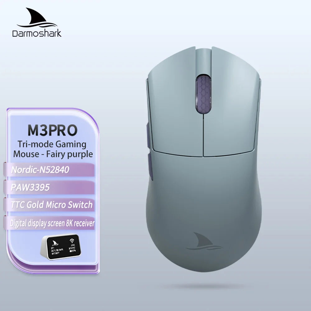 Herná myš Darmoshark M3Pro 2.4G BT bezdrôtová s trojitým režimom, snímačom PAW3395, N52840, 26000DPI, pre veľkú ruku, makro ovládač, myš na hranie