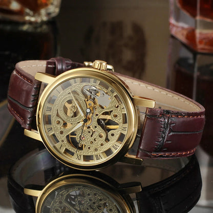 T-Winner Popular Lovers Skeleton Design Gold Watches Mechanical Hand Wind Movement PU Leather Strap Wristwatch for Men Women