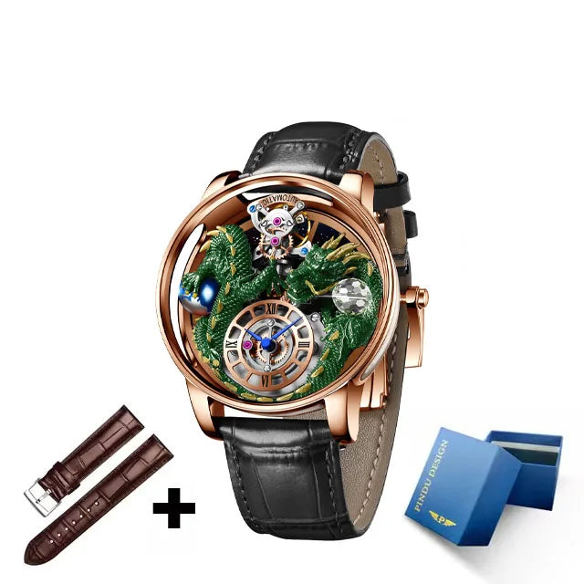 PINDU Fashion Roman Numeral Display Mineral Tempered Glass Material Quartz Movement 3ATM Waterproof Celestial Dragon Men's Watch