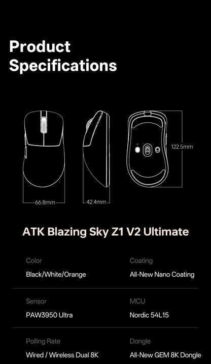 ATK Blazing Sky Z1 V2 Ultimate Wireless Mouse PAW3950 Ultra Dual 8K Gaming Mouse Ergonomic Self Developed Medium Large Hand