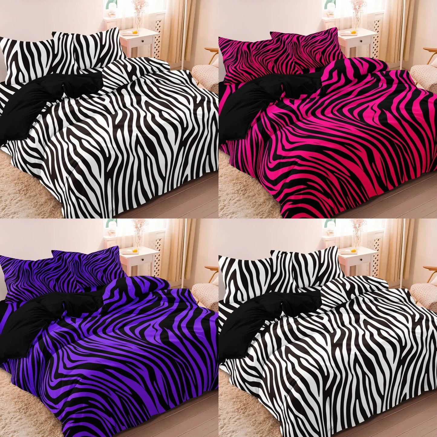 3pcs Bedding Set Rose Red Zebra Print Leopard Print Digital Print Duvet Cover Set, Digital Print, Suitable for Family Hotel Dormitory