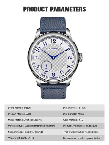 Orologio da uomo FARASUTE NEW Machinery con quadrante salmone, movimento meccanico manuale ST17, piccoli secondi e bracciale vintage Bonklip