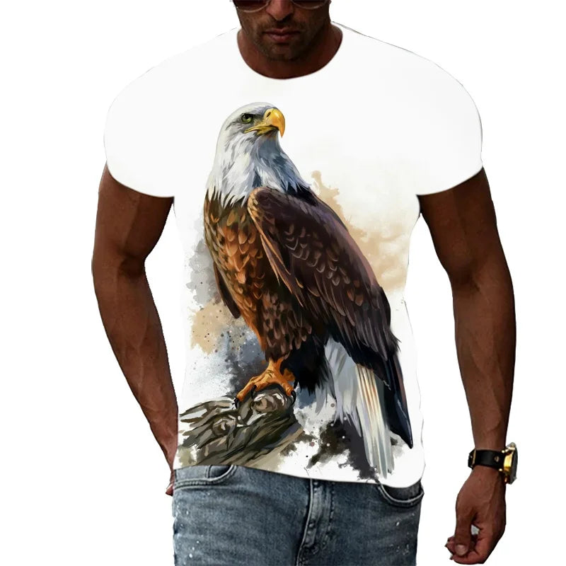 T-shirt para Homem com Águia Divertida Estampada em 3D, T-shirts com Padrão Animal Cool, Verão Harajuku, Corte Largo, Gola Redonda, Manga Curta, T-shirts para Criança
