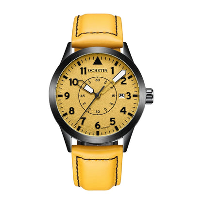 OCHSTIN Mens Fashion Luxury Mechanical Automatic Skeleton Watch Transparent Back Cover Creative Design With Yellow Calendar Dial
