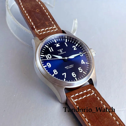 Tandorio 39mm Luxury Pilot Style Automatic Mechanical Men Watch For Miyota 8215 Movement 20ATM Luminous Diver Wristwatch Leather