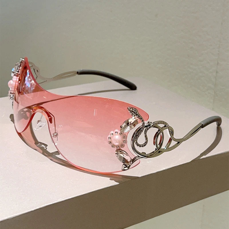 Ochelari de soare KAMMPT fără ramă Y2k cu strasuri, pentru femei, monobloc, pentru activități în aer liber, cu design la modă și lentile cu gradient