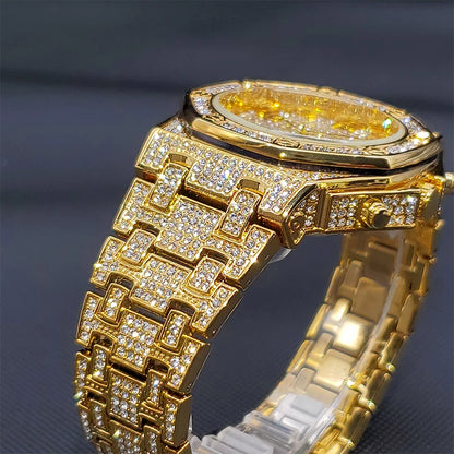 Gold Watches For Men Full Iced Diamond Men's Quartz Watch Luxury Fashion Calendar Wristwatch Dropshipping