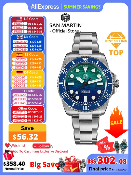 San Martin 2026 Men Diver Watch 38mm Wave Texture Dial Miyota 90S5 Automatic Mechanical Luxury Wristwatch Waterproof 200m SN0126