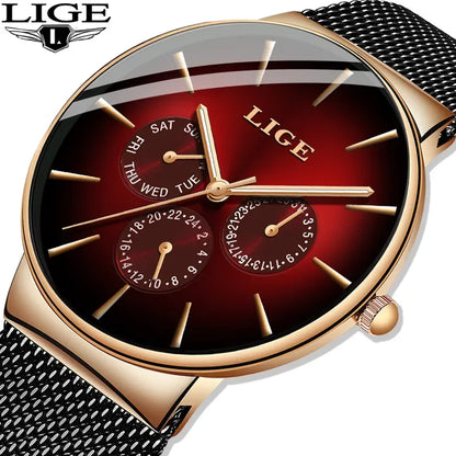 Relógio feminino LIGE, elegante e moderno – Estilo desportivo e descontraído, bracelete em malha, movimento de quartzo, indicação da data e do dia, resistente à água.