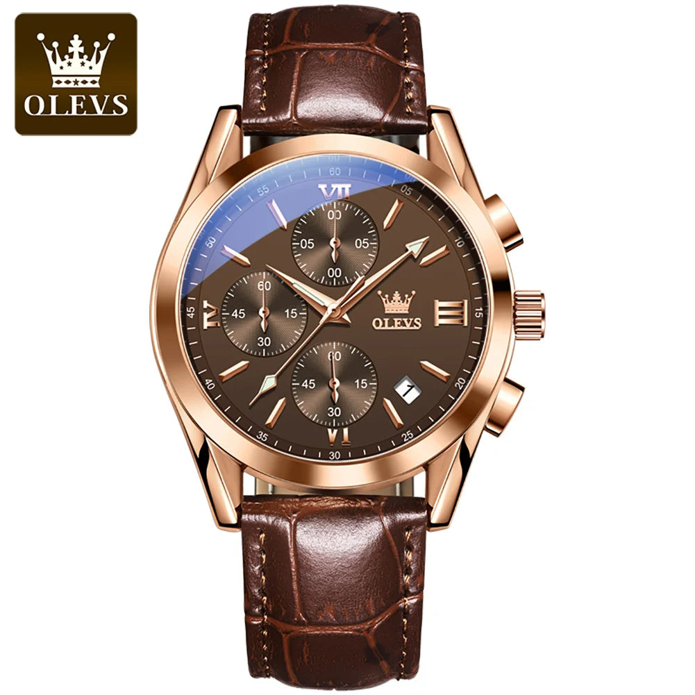 Relógio de pulso cronógrafo para homem OLEVS 2872 – Pulseira em pele, resistente à água, ponteiros luminescentes, movimento de quartzo, estilo desportivo de luxo