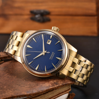 Luxury Retro Men's Self-Winding Automatic Mechanical Watch Radial Sunburst Textured Dial Single Calendar Date Window Polished Stainless Steel Link Bracelet Waterproof Business Dress Male Watch Silver Gold Two Tone Options