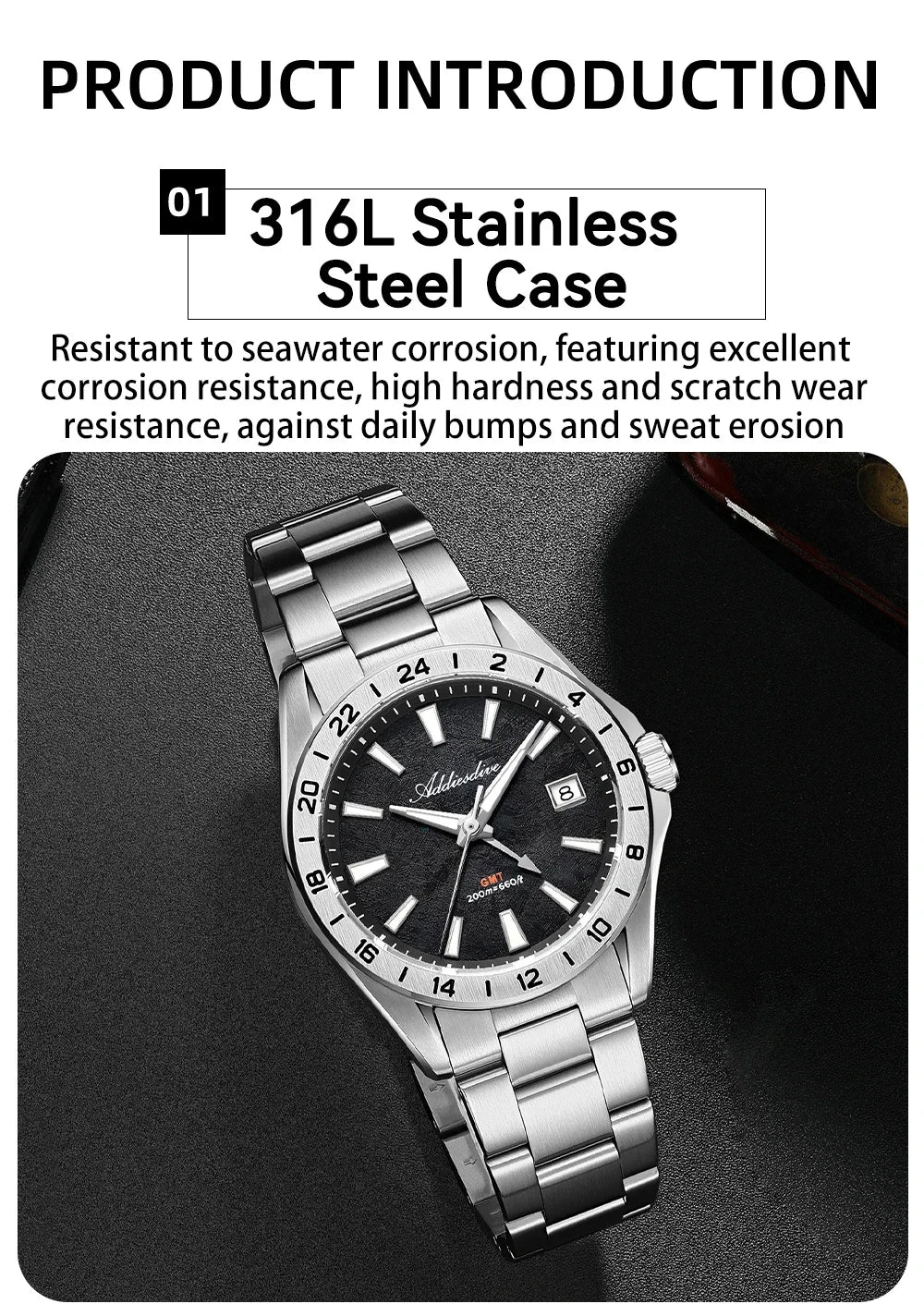 ADDIESDIVE Luxury Swiss Ronda GMT Watch 200M Water Resistant Dual Time Zone BGW9 Luminous 38mm Stainless Steel Quartz Movement