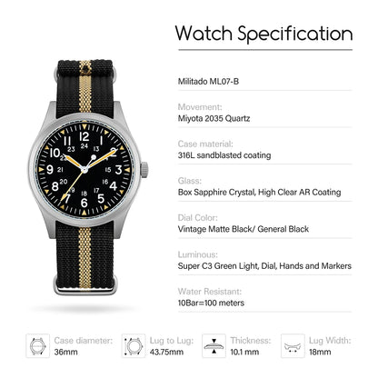 Militado ML07 Quartz Watches VH31/Miyota 2035 Movement Domed Sapphire Crystal Military Watch 100m Waterproof Luminous Mens Watch