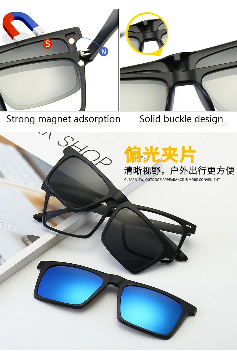 Ochelari de soare polarizați cu magnet pentru miopie, pentru femei și bărbați, ochelari cu clemă, ochelari optici pătrați, rame de ochelari 6 în 1 – de la -0,5 la -10