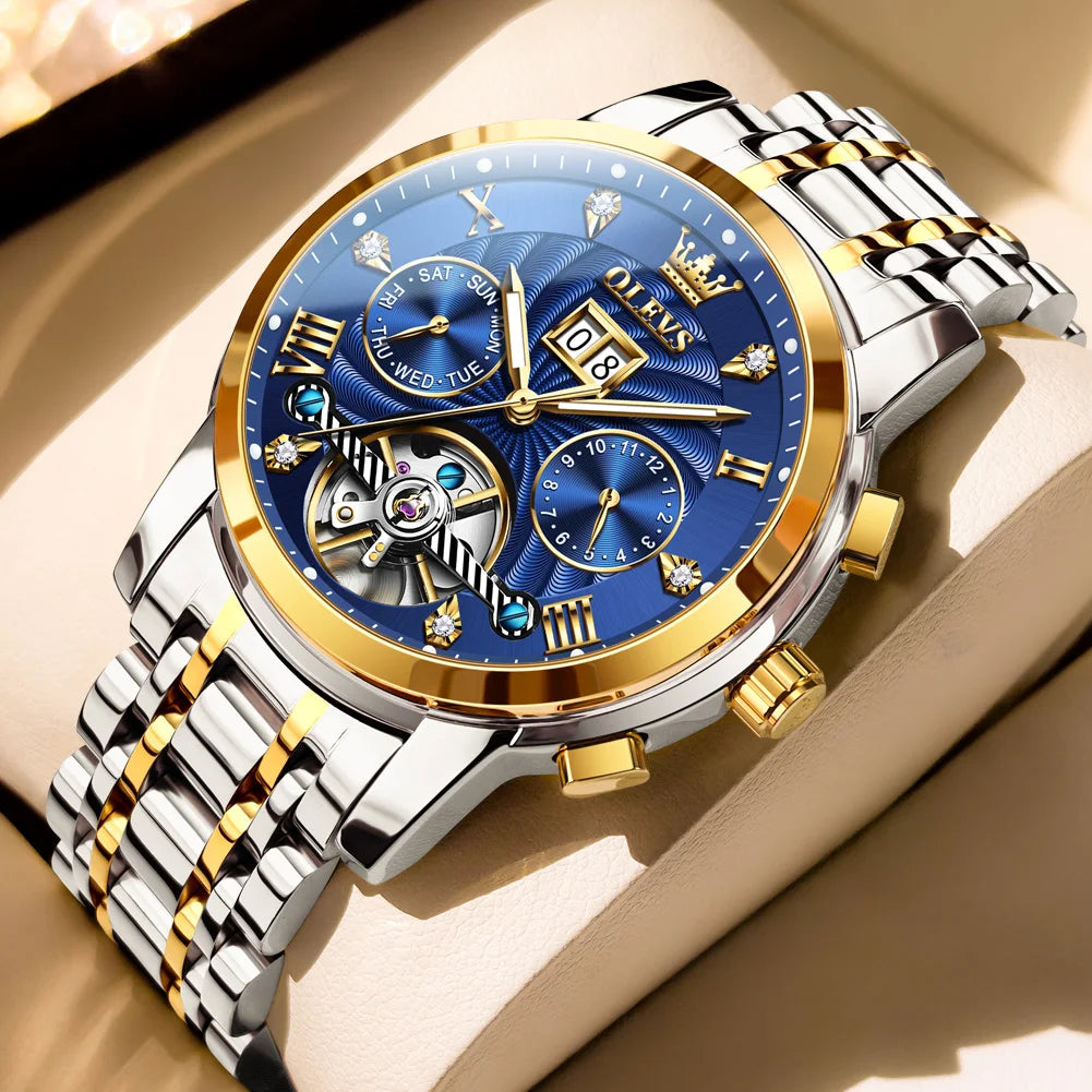 OLEVS Men's Watches 9910 Luxury Fashion Original Automatic Mechanical Watch for Man Waterproof Luminous Hollowed Out Movement