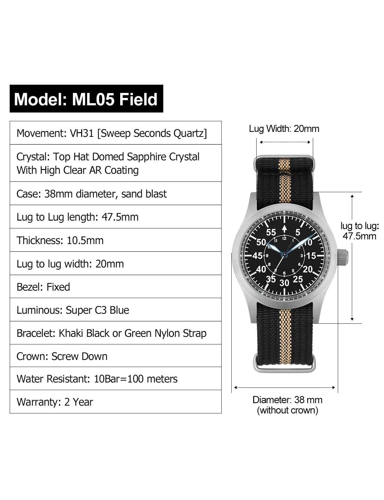 Militado ML05 Military Watch VH31 Sweep Movement Domed Sapphire Crystal Wristwatch High Clear AR Coating 38mm Vintage Watches