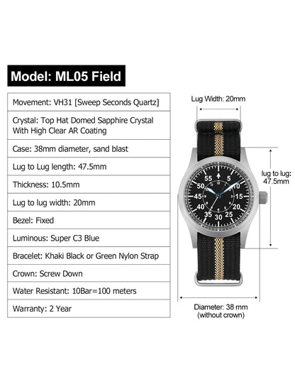 Militado ML05 Military Watch VH31 Sweep Movement Domed Sapphire Crystal Wristwatch High Clear AR Coating 38mm Vintage Watches