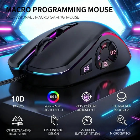 Vezetékes gamer irodai egér 7200DPI RGB háttérvilágítással, 6 állítható DPI-szinttel/10 programozható gombbal/asztalra visszalépő gombbal