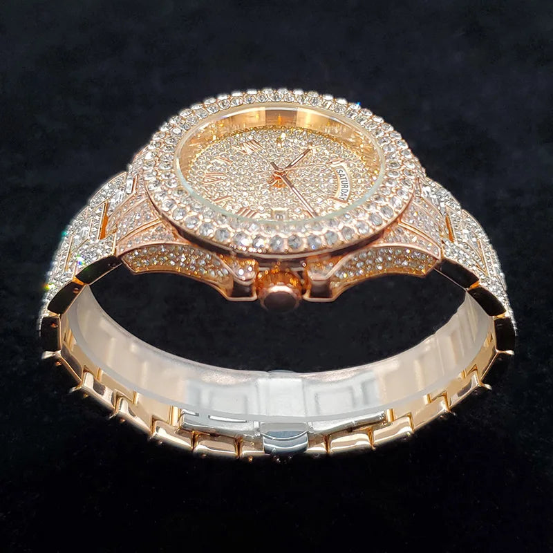 Luxury Diamond Watch for Men Fashion Bling Iced Out Day Date Watches Hip Hop Golden Stainless Steel Quartz Man Clock Hot Sale