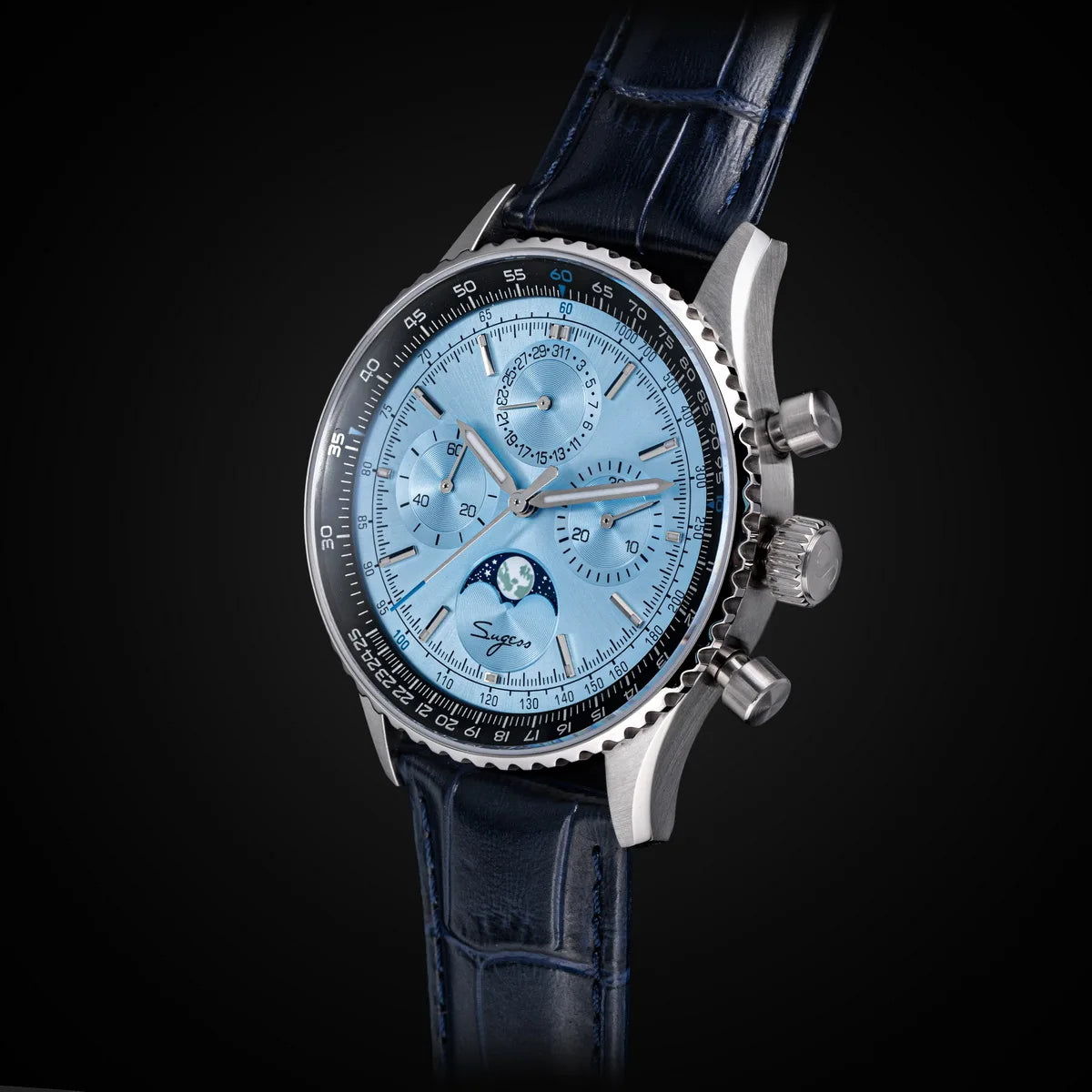 Sugess Chronograph Watch of Man ST1908 Swanneck Movement Mechanical Moonphase Wristwatches Waterproof Calendar Vintage New S468