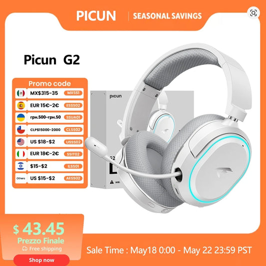 Auriculares gaming inalámbricos Picun G2 Bluetooth 5.3 – Sonido envolvente 7.1, auriculares gaming de baja latencia de 5ms con micrófono ENC para PC, PS5, PS4, Switch y móvil