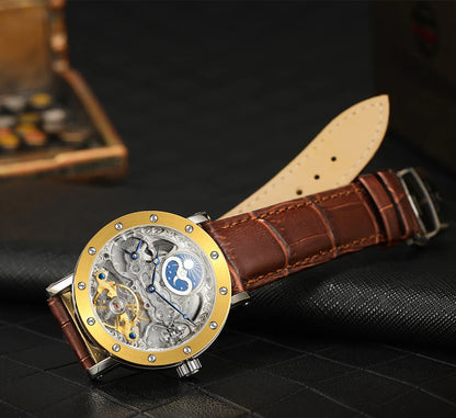 Relógio de pulso mecânico automático SKROX para homem, modelo esqueleto com função GMT, fase lunar e turbilhão – Relógio de luxo de alta gama, elegante e original.