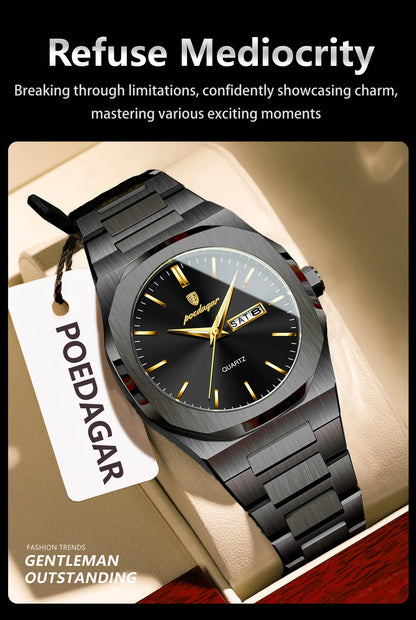 POEDAGAR Fashion Brand Male Watch Waterproof Luminous Stainless Steel Watches For Men Date Week Casual Quartz Men's Clock Reloj