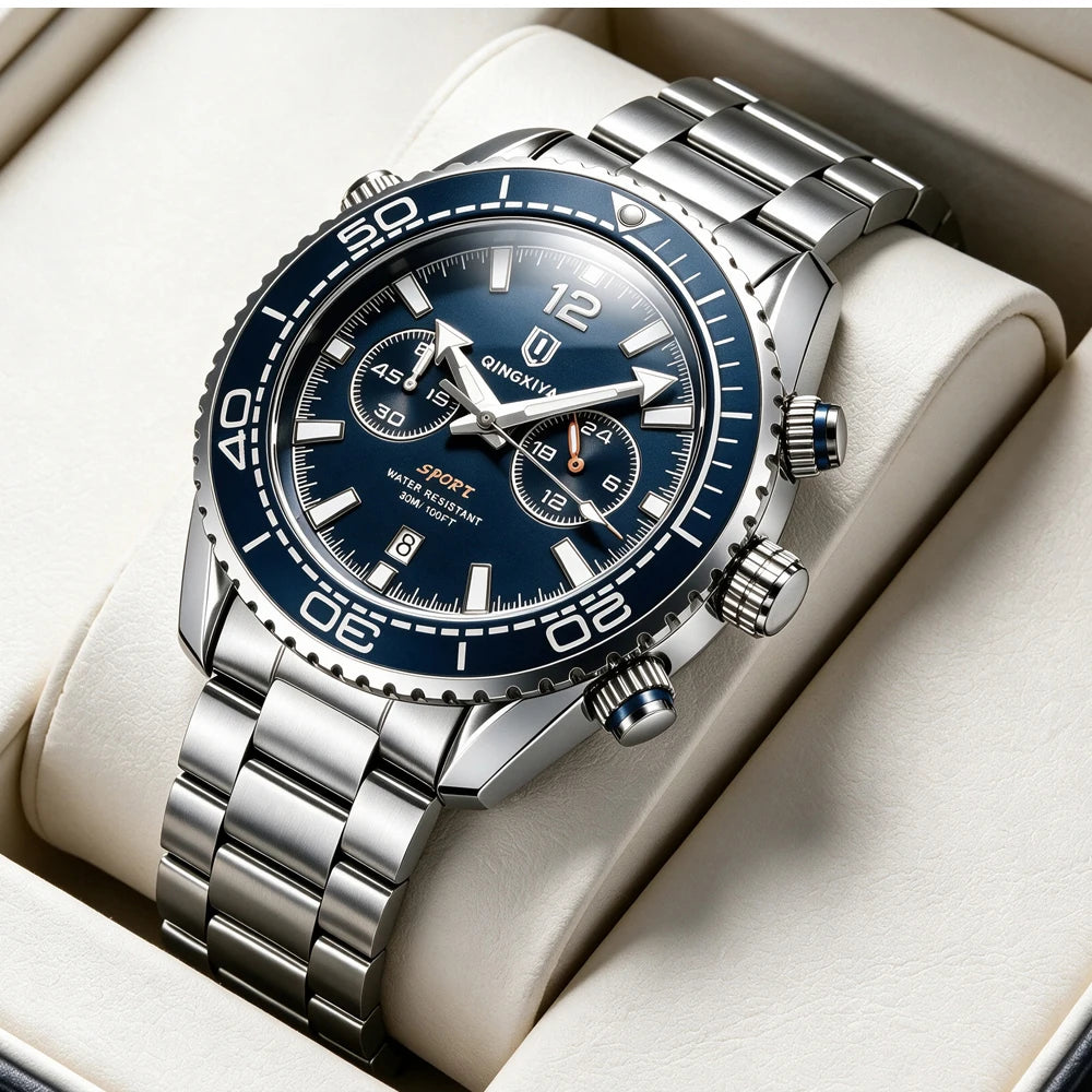 Montre-bracelet de luxe pour homme de marque QINGXIYA, chronographe sport étanche avec date lumineuse, montre à quartz décontractée pour homme