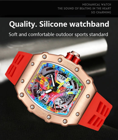 New Cool Men's Watches Luxury Fashion Silicone Tonneau Watch Skeleton Waterproof Quartz Wristwatches Clock Relogio Masculino