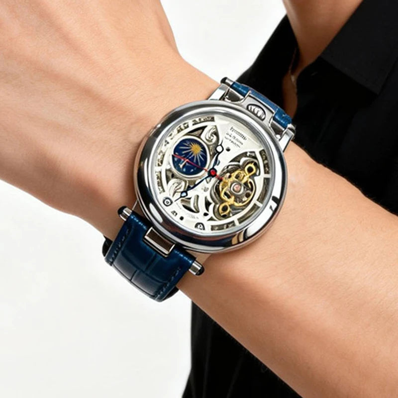  Top Luxury Moon Phase Men's Watches Original Mechanical Leather Men Clock Date Week Hollow Tourbillon Automatic Man Watch