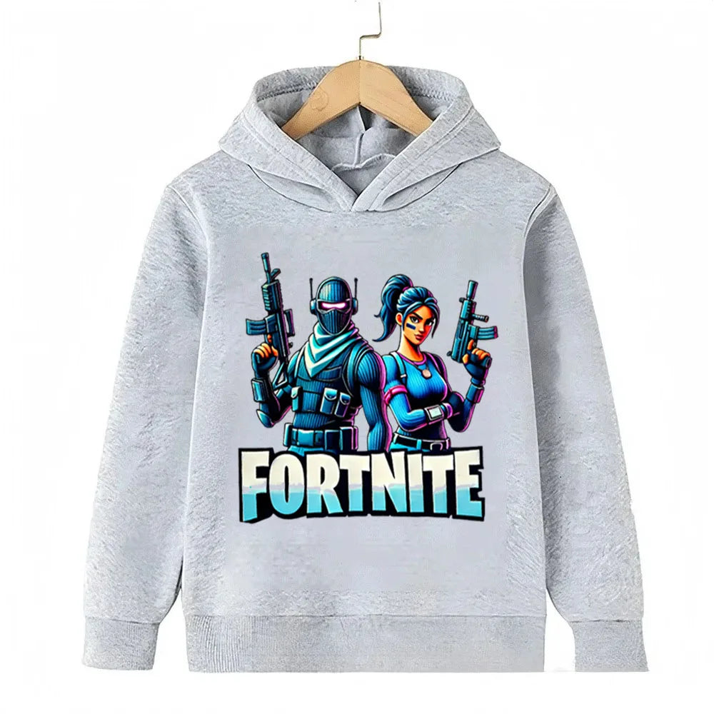 Sweats com capuz para criança com estampado do jogo Fortnite, conjunto cartoon confortável, tops largos de manga comprida, roupa de outono e inverno