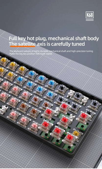 Bezdrôtová herná mechanická klávesnica K68 2,4 G/BT 5.0, 68 klávesov, Hotswap, mini herná mechanická klávesnica, klávesy z PBT, klávesnice s rozložením 65 %