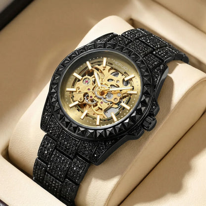A men's green steel strap luxury trendy analog delicate pinion automatic mechanical watch